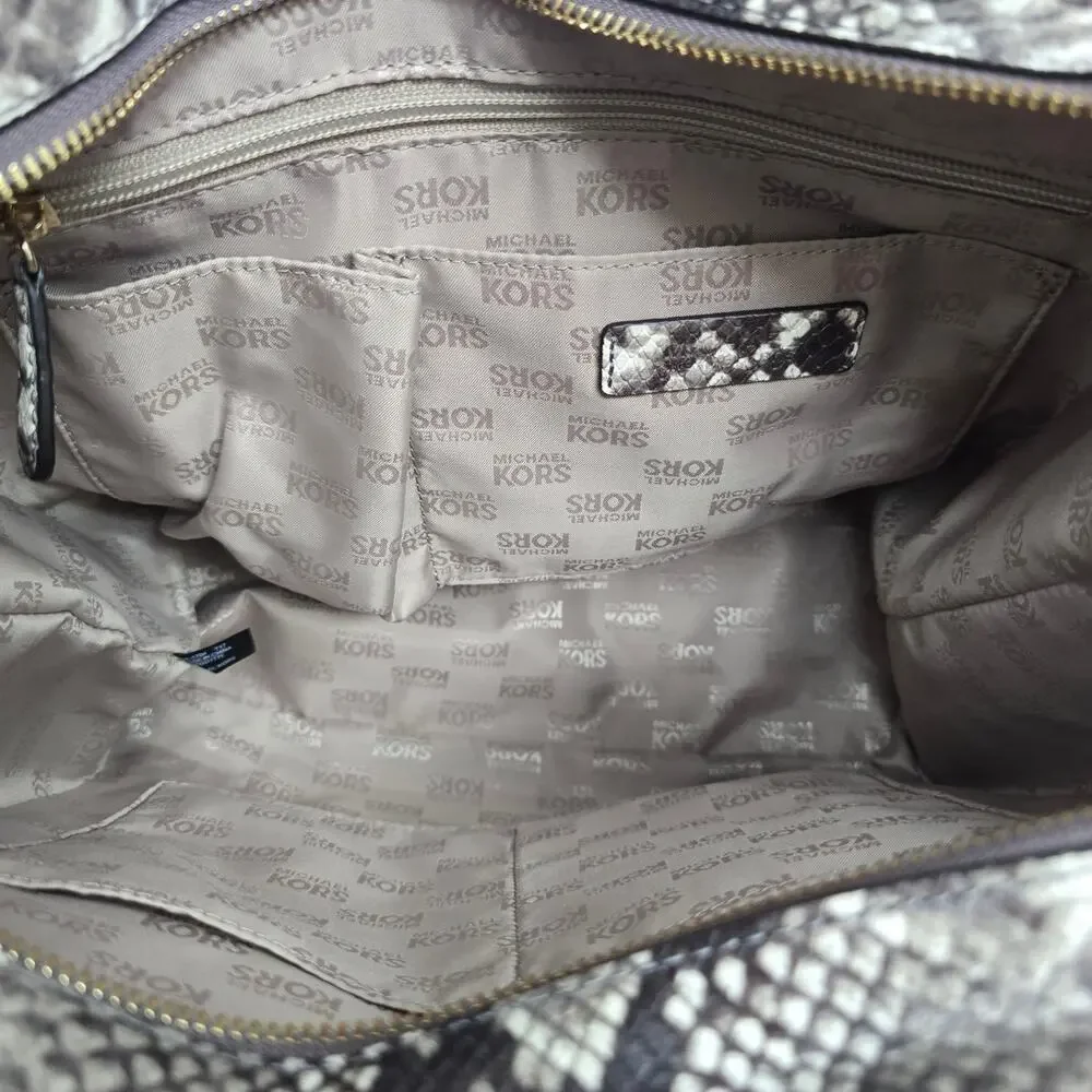 Michael Kors Studded Snake-Print Satchel Tote Bag Shoulder Crossbody Grey White